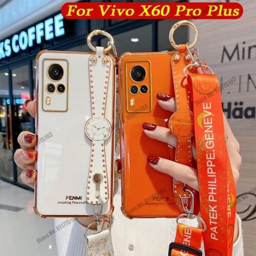 For Vivo X60 Pro Plus Plating Soft Silicone Stand Phone Case For Vivo X50 X30 V15 Pro Y70S Y73S Y30 Crossbody Wrist Strap Cover