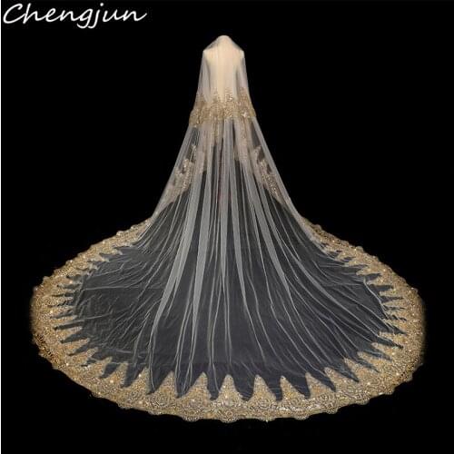 Chengjun Latest Champagne Color Appliques Edge Luxury Wedding Accessories Bridal Veils