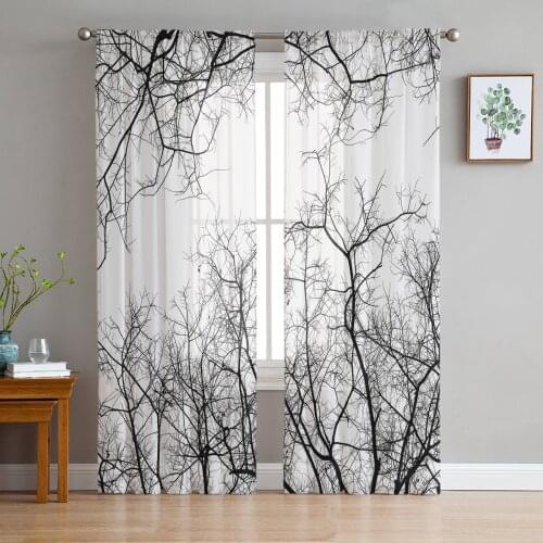 Black White Branches Window Curtains Bedroom Modern Drape Sheer Tulle Valances Living Room Kitchen Voile Curtain