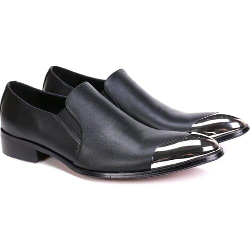 Christia Bella Business Formal Metal Pointed Toe Large Size Man Shoes Classical Black Genuine Leather Male Party Dress Shoes