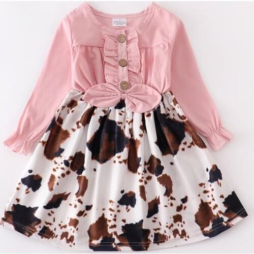 Girlymax Fall/winter Baby Girls Children Clothes Pink Cow Print Denim Dress Milk Silk Boutique Long Sleeve Knee Length