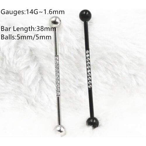 10pcs Free Shippment 14g~1.6mm CZ Gems Ear Straight Helix Scaffold Long Barbells Industrial Bar Body Jewelry Ear Piercing