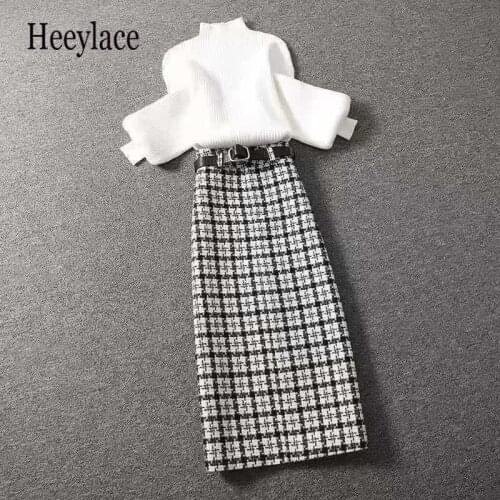 Elegant Women Autumn Winter Clothing Set Turtleneck Sweaters Tops And Tweed Plaid long Skirts Suit Office Ladies Two Pieces Sets