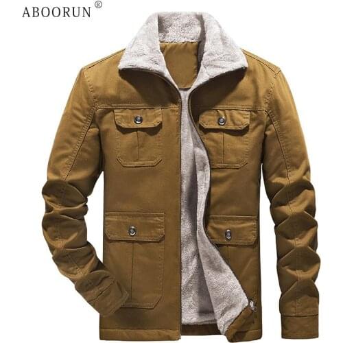 ABOORUN Mens Casual Fleece Jacket Multi Pockets Solid Slim fit Warm Coat Winter Cotton Coat for Male