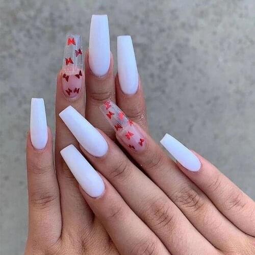 24Pcs Long French False Nail Ballerina Fake Nails White Pink Butterfly Pattern Coffin Nail Decal False Nails Press On Nail Tips