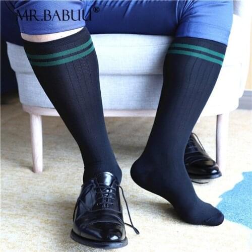Autumn and winter seasons in the long tube black wide striped green double ring mens formal business thin cotton socks for men
