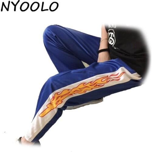 NYOOLO Korea design hot sale novelty flame Print Harajuku loose casual Straight pants women and men elastic waist hip hop pants