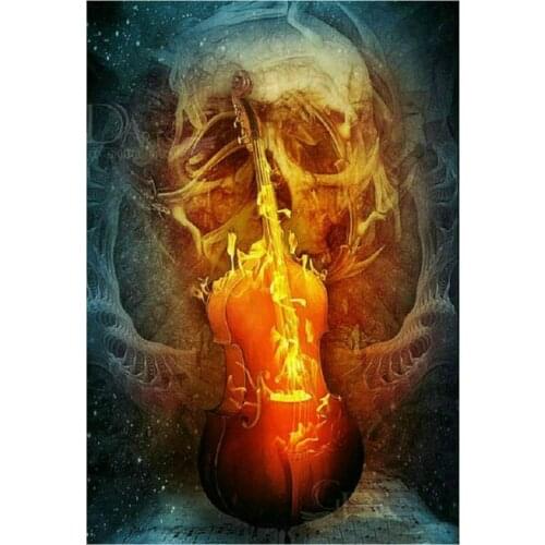Full square diamond painting skull cello scenery 3d round diamond mosaic fire music crafts sticker diamond embroidery