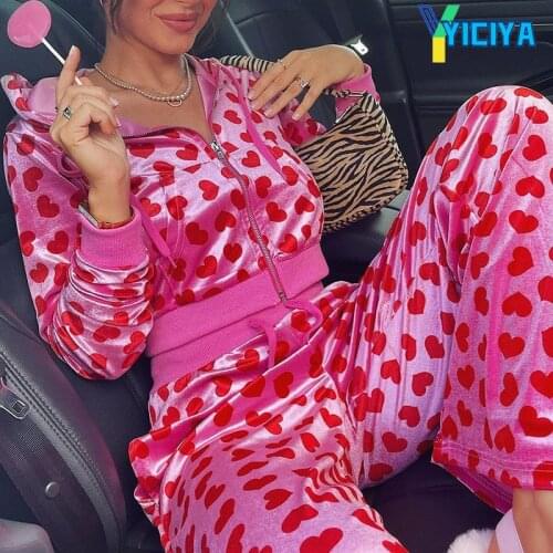 YICIYA EVelvet Heart Print Cropped Top Bomber Jacket Women Autumn Long Sleeve Coats Zipper Winter Overcoat,tracksuit ,met,pants