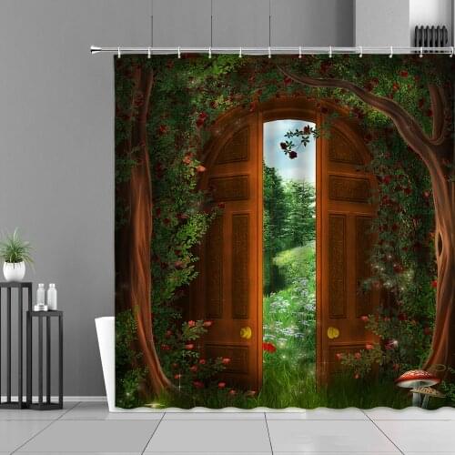Nature Forest Landscape Shower Curtain Wooden Door Green Fantasy Scenery Waterproof Bath Curtains Screen Home Decor Wall Cloth