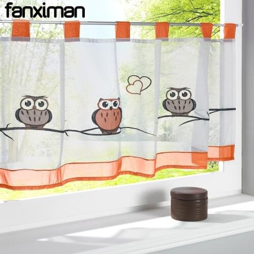 1 PC Owl Embroidered Half Cafe Curtain for Kitchen Pastoral Style Tab Top Sheer Voile Panel Kitchen Curtains Window Screening