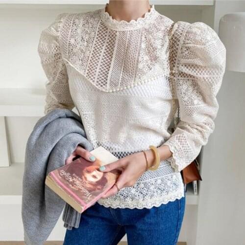 Retro gentle stand-up collar heavy lace crochet hollow blouse women thin solid color puff sleeve shirt top