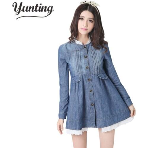 2021 Sping Lace Denim Blue Jeans Dress Women Long Sleeve O-neck Solid Crochet A Line Dress Femme Mini Dresses Vestidos