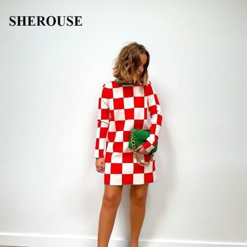 SHEROUSE Casual Checkered Jacquard Dress Women Vintage Long Sleeves O-neck Chic Lady Fashion Woman Plaid Mini Short Dresses