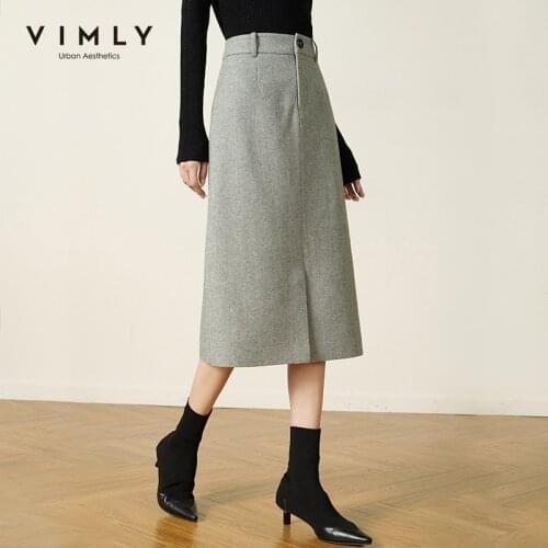 Vimly Winter Wool Skirt For Women Fashion High Waist Striped Straight Skirts Elegant Mujer Faldas Female Bottoms F5578