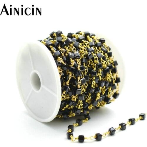 10 Meters 4mm Black Glass Crystal Cubic Beads Gold Wire Handmade Bead Chains For Fashion Jewelry Making Materials