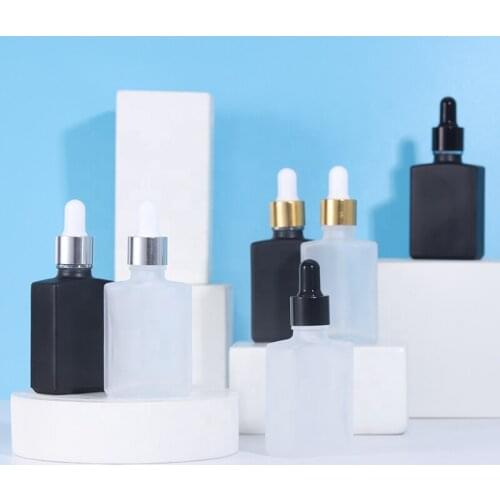 100pcs Wholesale Custom Dropper 30ml 50ml Matte Black Square Rectangle Glass Dropper Bottle for E Liquid Essential Oil