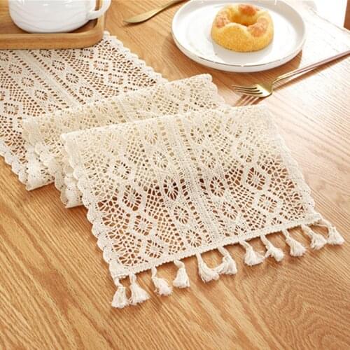 Beige Crochet Hollow Table Runner With Tassels Vintage Wedding Decor Tablecloth Romance Table Cover Coffee Bed Runners Lace Fall