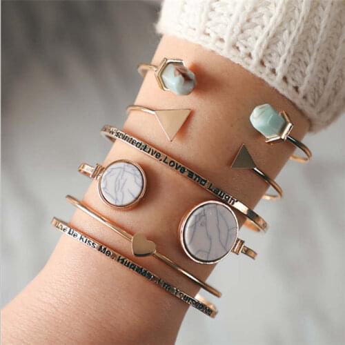 2020 new accessories geometric woman stone triangle heart open letter polished woman bracelet one set of six for girl