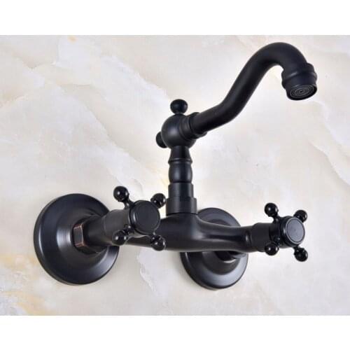 Black Oil Rubbed Bronze Bathroom Kitchen Sink Faucet Mixer Tap Swivel Spout Wall Mounted Double Handles mnf818