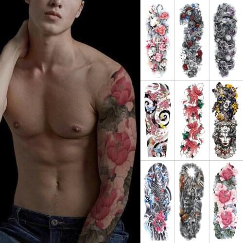Flower full arm waterproof tattoo sticker lily Peony Rose watercolor Temporary tattoo eye Fake light Large sleeve tattoo
