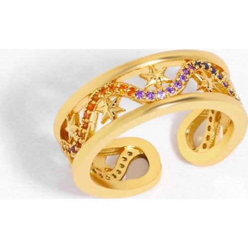 Glamour Rainbow Zircon Ring Creative Personality Retro Micro Inlaid Open Ring Fashion Geometric Hollow Fashion Ladies Jewelry