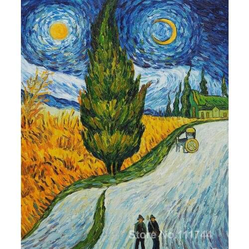 Canvas Art Landscape Paintings of Vincent Van Gogh Road With Cypress and Star Modern Artwork Oil Trees Picture High Quality