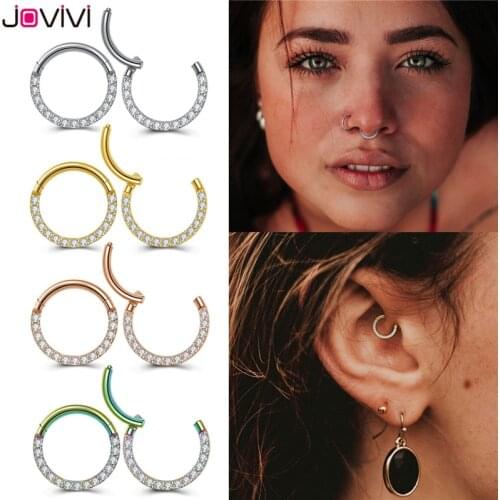 Jovivi Stainless Steel 16G Twist Hinged Clicker Nose Septum Ring Cubic Zirconia Hoop Eyebrow Lip Ear Ring Body Piercing Jewelry