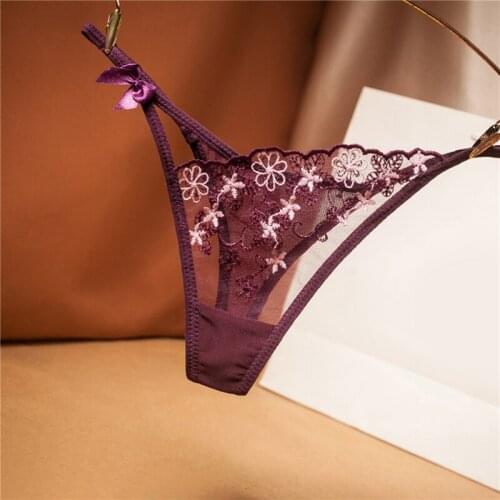 Beautiful Embroidery Hollow Mesh Transparent Thong Womens Sexy Ultra-thin Panties Thong Panties Sexy Briefs