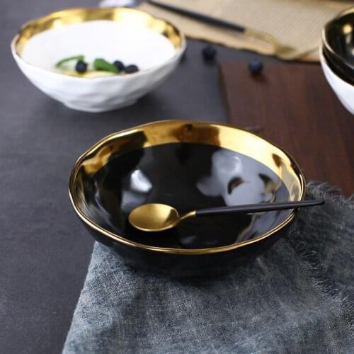 Round White Black Ceramic Salad Bowl Gold Japanese Style Noodle Container For Soup Rice Bowl Ceramica Set Kitchen Tool Tableware