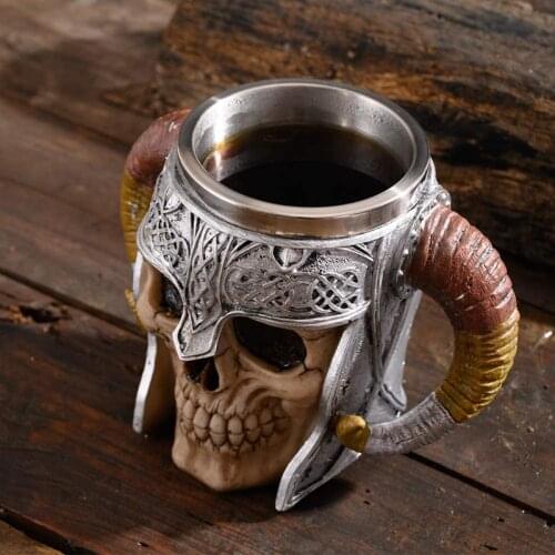 600ml 3D Skull Horn Knight Mug Stainless Steel Viking Ram Horned Pit Lord Warrior Beer Stein Tankard Coffee Cup Bar Drinkware