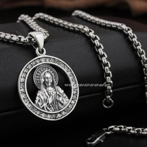 LINSION White CZ Surround Virgin Mary JESUS 925 Sterling Silver Charms Pendant 8N024
