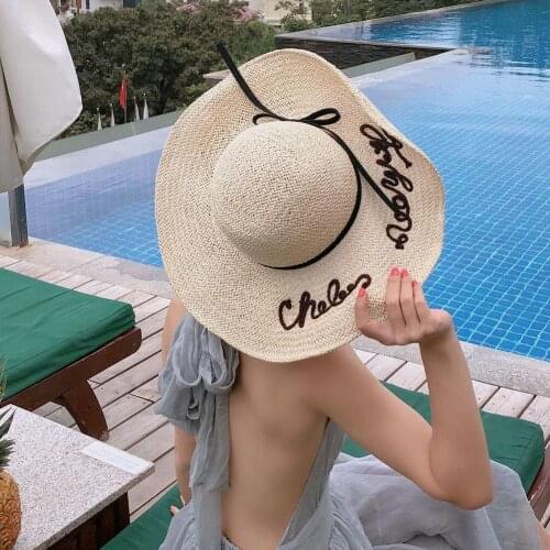 Fashion Summer Women Straw Hat Letter Embroidery Bowknot Straw Weave Hat Large Brim Anti-UV Sunhat Cap шляпа женская летняя 2021