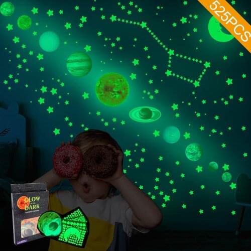 Cartoon Solar System Luminous Wall Stickers Planet Meteor Star Decorative Sticker Glow In The Dark Art Wallpaper for Kids Room