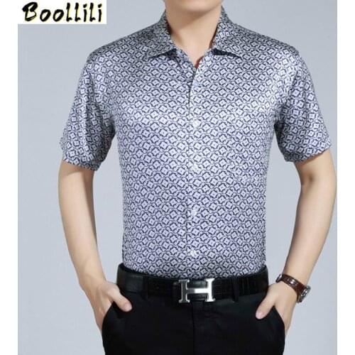 Boollili Men Shirts Real Silk Shirt 2020 New Short Single Breasted Casual Shirts men autumn printing shirt