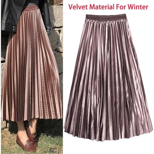 Winter Autumn Womens Pleated Skirt Velvet Print High Waist Long Skirts Women Young Girl Thick Large Size Fahion Female Falda