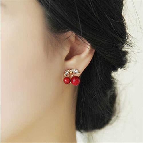 Daily commuting Earrings beads small cherry with alloy anti allergy Plant Shape Earrings lady red