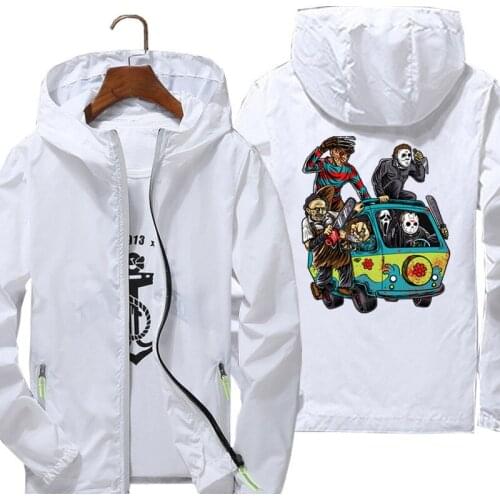 Mens Maniac Park Horror Movie Theme Park Jason Clown Saw Halloween Pilot Windbreaker Zipper Thin Reflective Jacket Oversized 6XL