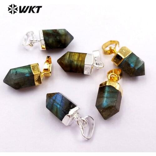 WT-P1330 WKT Natural Labradorite Sparkling Women Pendants Silver Color Top Plated Mini shape bullet penant For Jewelry Making