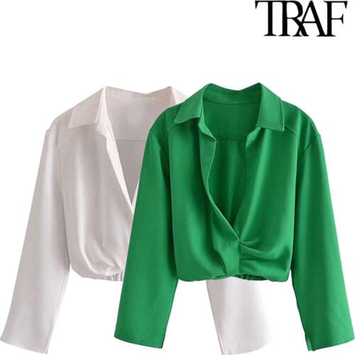 TRAF Women Fashion Pleated Cropped Blouses Vintage Three Quarter Sleeve Back Elastic Hem Female Shirts Chic Tops
