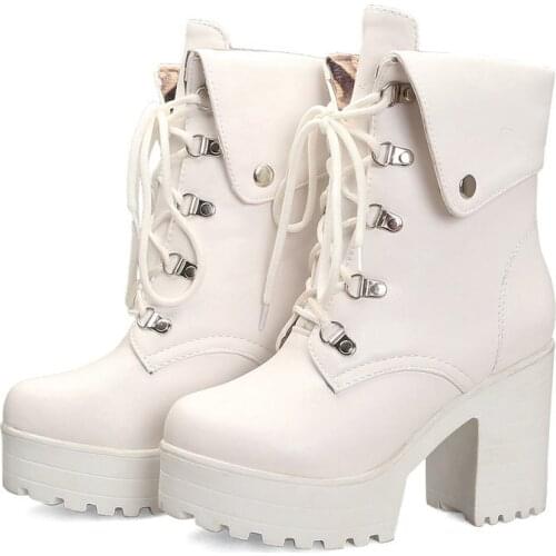 2021 Autumn Winter Women Fashion Martin Boots comfy Platform Ankle Boots Thick High Heels Lace-up Zip Chelsea Boots White Black