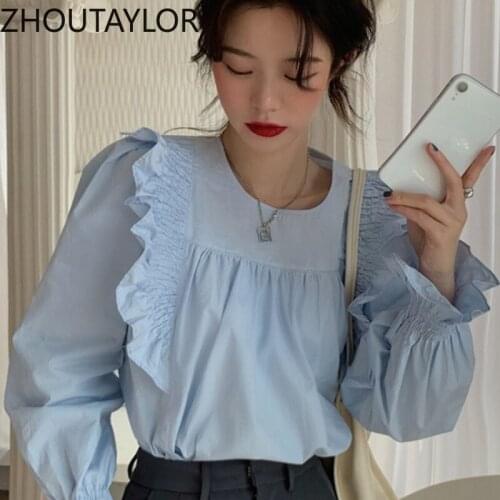 ZHOUTAYLOR Women Shirts Office Lady O-Neck Fashion Full Butterfly Sleeve Blouses Femme Straight Solid Autumn New Tops Female