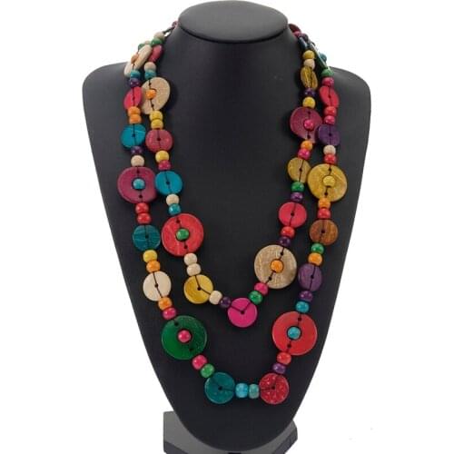 Handmade Colorful Long Necklace Wooden Beads Pendant Necklace Boho Ethnic Vintage Women Necklaces Jewelry