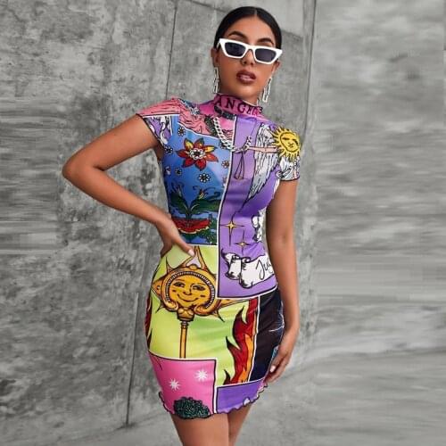 2021 New Summer Fashion Streetwear Harajuku Short Sleeve Mini Y2K Dress Women Casual Cartoon Print Bodycon Sweet Dresses Outfit