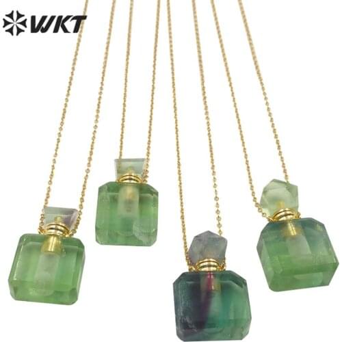 WT-N1194 Fashion square shape natural raw fluorite stone perfume bottle necklace faceted elegant stone bottle necklace for women