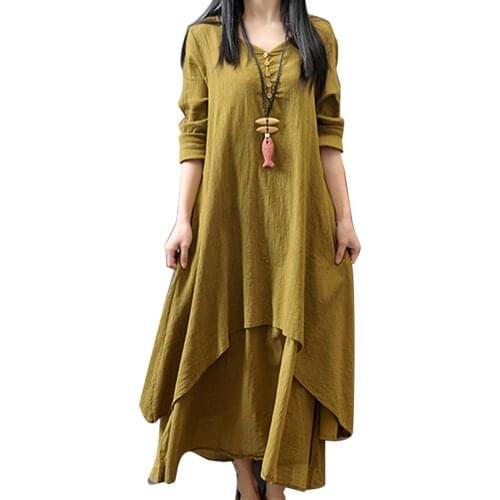Maxi dresses for women Cotton Linen Asymmetric Large Swing Button Loose Long Sleeve Maxi Dress Summer hot solid loose maxi dress