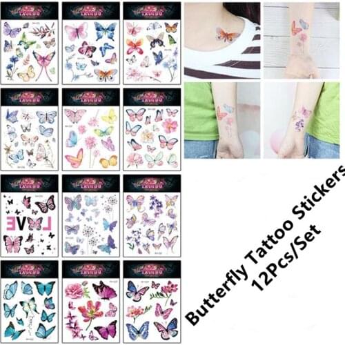 12Pcs/Set 3D Butterfly Body Art Flash Water Transfer Waterproof Temporary Tattoo Sticker For Women Girls Flower Arm Fake Tattoos