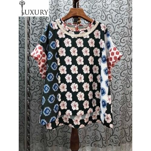 2020 High Quality T-Shirt Summer Fashion & Tees Women Color Block Flower Print Short Sleeve Casual Loose Tops Basic TShirt