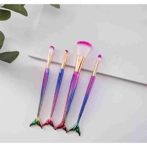 4pcs/set New Four-piece Suit Mermaid Makeup Brush Fiber Beauty Loose Powder Brush Soft Makeup Multicolor Colorful Hair Tool I7T9