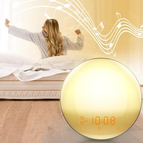 Alarm Clock 7 Colors Smart Voice Wake Up Light Atmosphere USB Charge Radio Bedroom Wake Up Light With Memory Function FM Radios